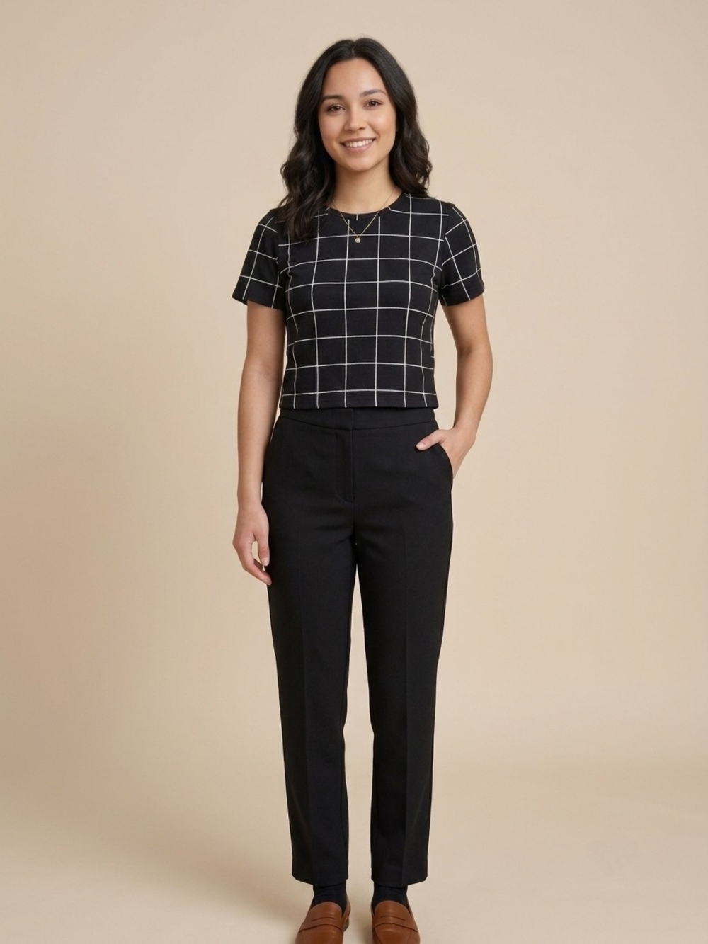 Twik Simons Black Grid Plaid Crop Top Tee Shirt Blouse Short Sleeve Small Y2K